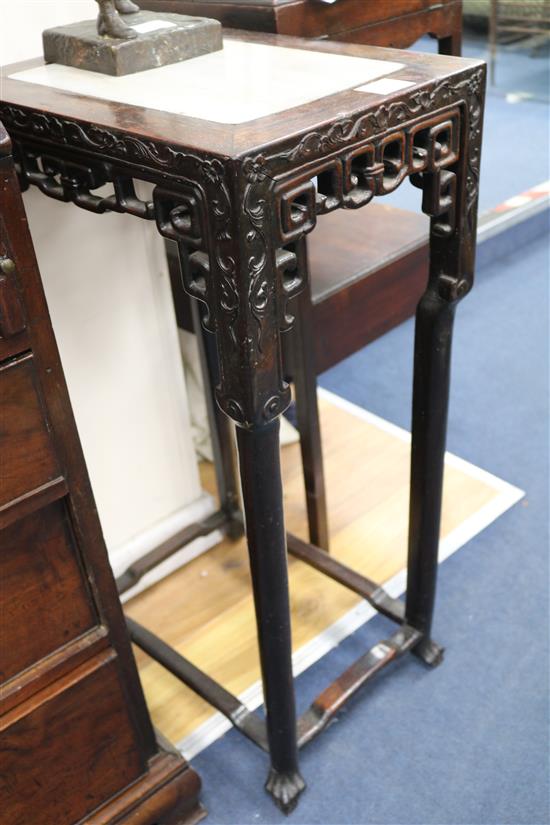 A Chinese marble inset hardwood occasional table, W.41cm